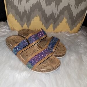 Ashley Blue Glitter Sandals with Tan Straps